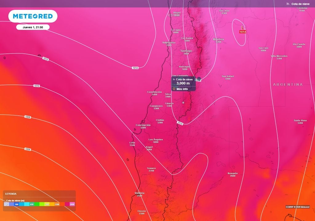 mapa de cota de nieve. Entre la noche del jueves y la madrugada del viernes, las lluvias avanzarían hacia Ñuble y Biobío, con una isoterma cero cercana a 3.000 metros.