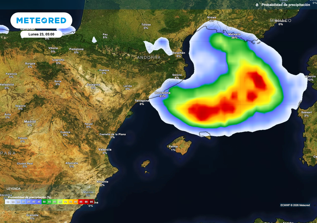 Probabilidad de precipitación prevista por el modelo europeo el lunes de madrugada.