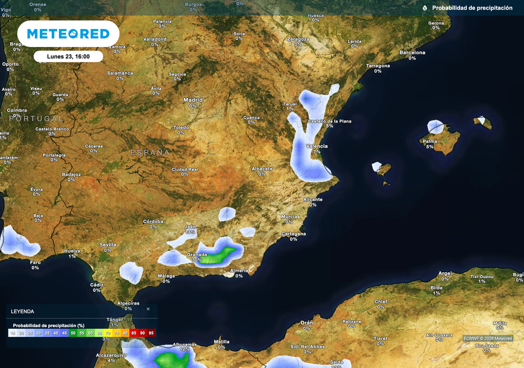 Probabilidad de precipitación prevista por el modelo europeo el lunes por la tarde.