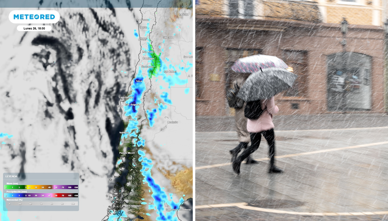 Chubascos y actividad tormentosa marcará la tarde del lunes 26 en varias regiones del Centro y Sur de Chile.