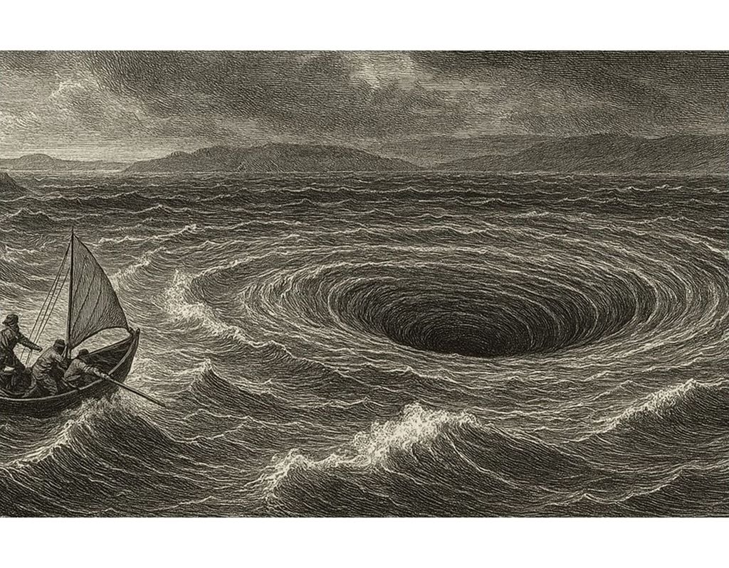 Grabado antiguo del maelstrom, un fenómeno natural rodeado de misticismo que Edgar Allan Poe llevó a uno de sus cuentos y Jules Verne a una de sus novelas más conocidas. Fuente: https://www.actunautique.com/
