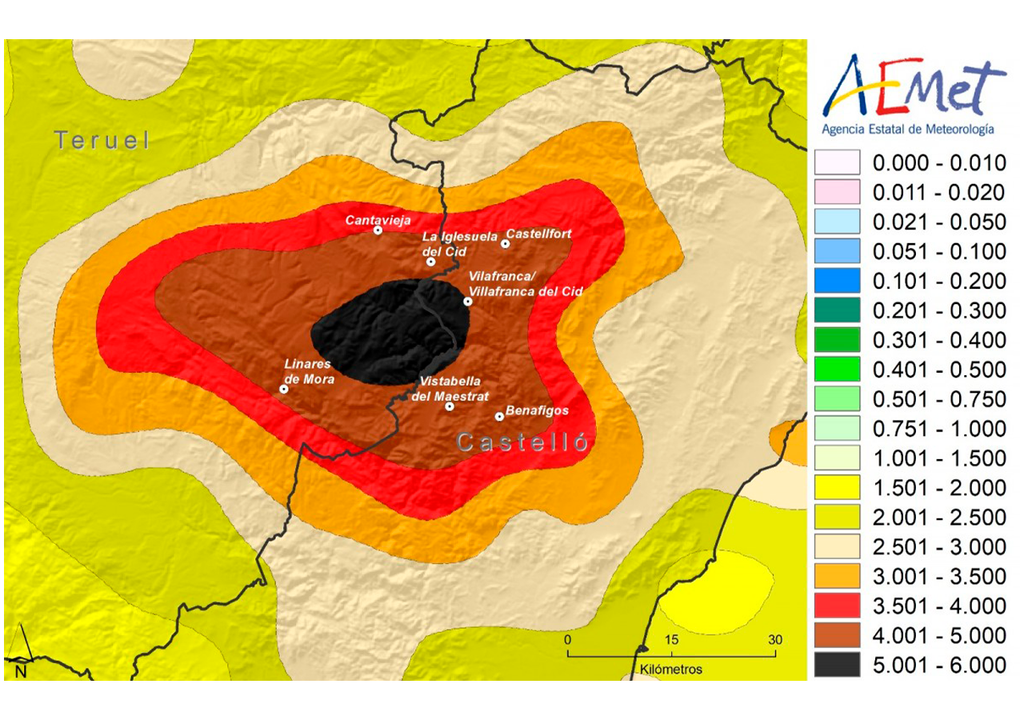 Esta zona del Maestrazgo (turolense y de Castellón) y de Gúdar-Javalambre tiene una densidad media de entre 5 y 6 rayos por kilómetro cuadrado al año. Fuente: AEMET.