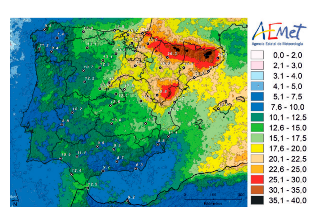 Número medio anual de días de tormenta en la Península y Baleares. Fuente: AEMET.