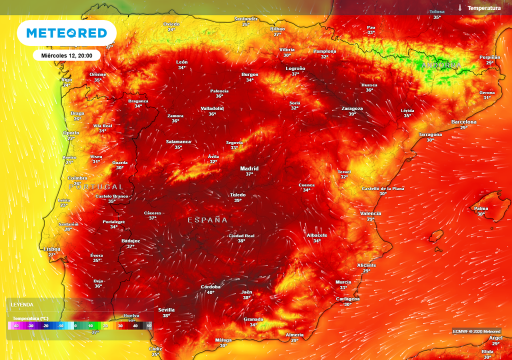 Temperatura in Spagna durante l'eclissi Temperatura prevista per le ore 20:00 di mercoledì 12 agosto. Al momento dell'eclissi farà molto caldo in gran parte delle aree interne della Penisola.