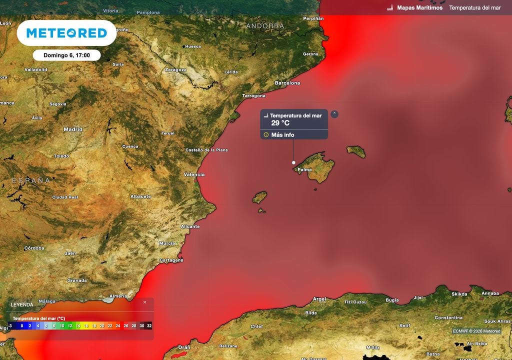 Temperature Mediterraneo. Previsioni delle temperature nel Mediterraneo occidentale, elaborate dal modello europeo, per domenica prossima alle ore 17:00.