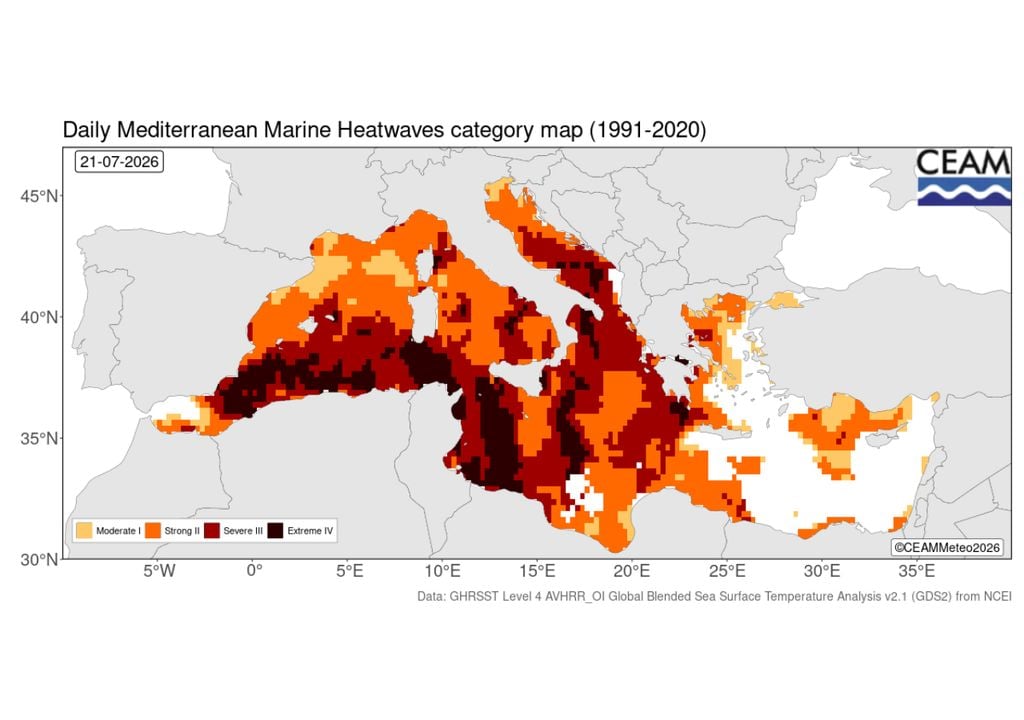 Categorías de una ola de calor marina en el mar Mediterráneo Categoría de la ola de calor marina en el Mediterráneo el pasado 21 de julio. Las tonalidades más oscuras representan las zonas donde el episodio se ha categorizado como extremo (categoría IV).