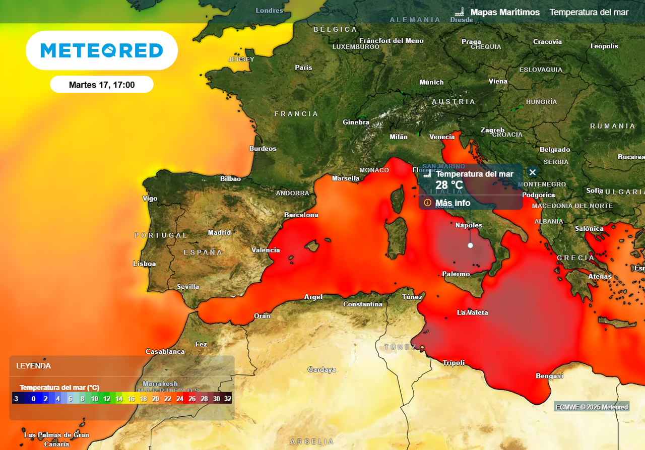 En algunas zonas del Mediterráneo central la temperatura del agua podría alcanzar los 28 ºC, según nuestro modelo de referencia.