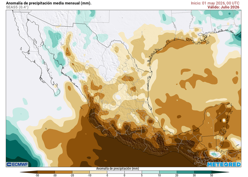 Anomalía de precipitaciones para julio Durante la Canícula (julio-agosto) puede ser más caluroso y con lluvias escasas, aunque eventos localmente torrenciales no se descartan, mientras aumentan ciclones en el Pacífico.