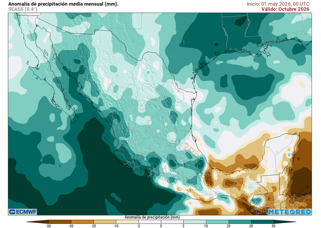 Anomalía de precipitaciones para noviembre de 2026 Hacia el final del verano, en otoño e invierno, las lluvias podría ser mayores con gradual enfriamiento del ambiente en México por ciclones tropicales y sistema invernales.