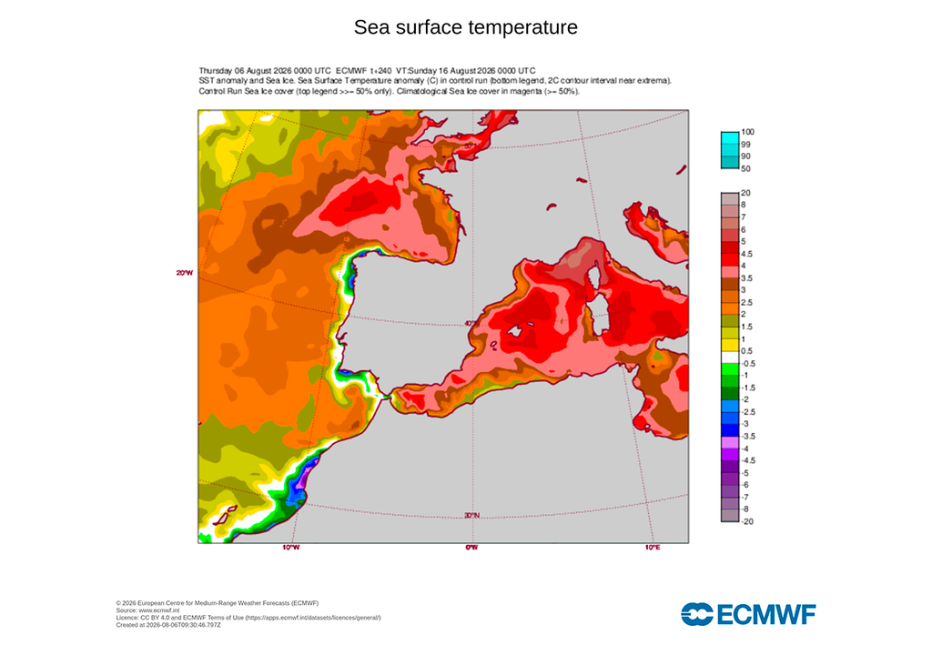 Las anomalías de la temperatura del mar serán muy significativas a finales de agosto, según el modelo europeo.