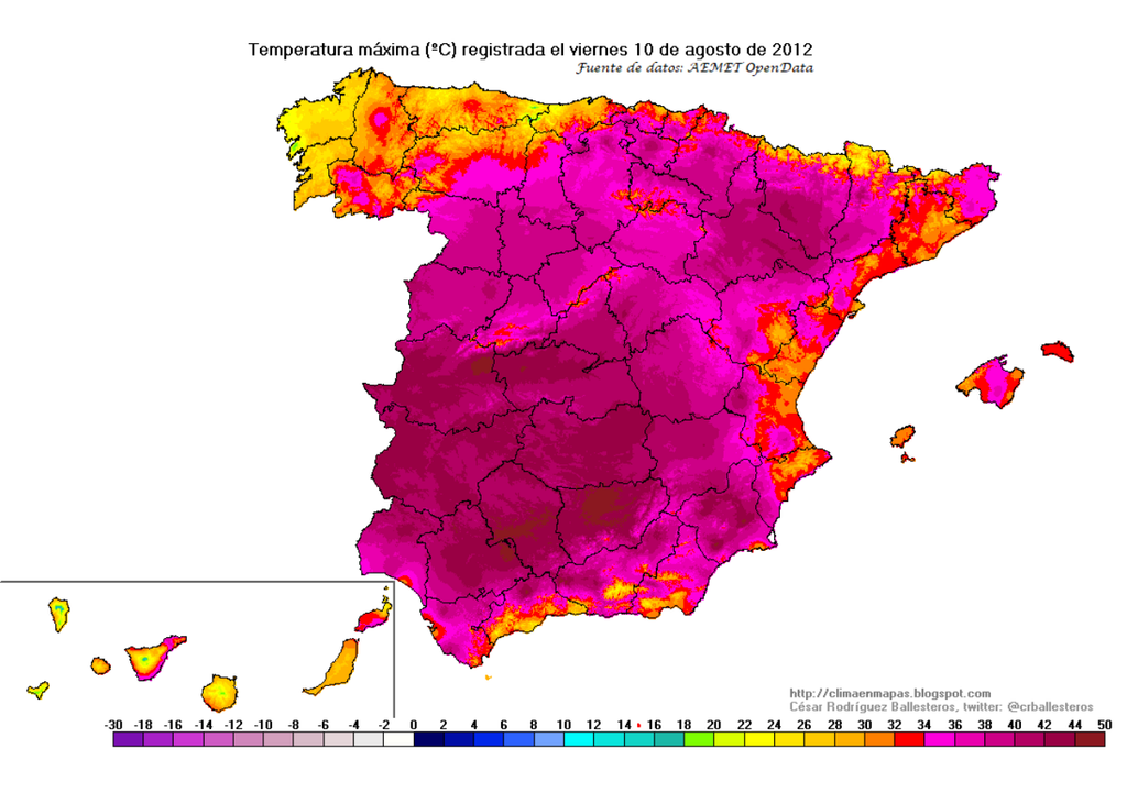 Temperaturas máximas España 10 de agosto de 2012 Temperaturas máximas registradas el 10 de agosto de 2012 en España. Fuente: AEMET OpenData.