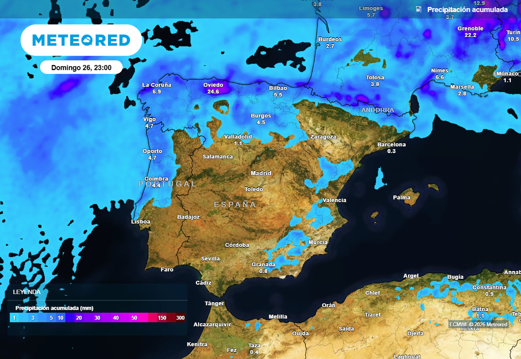Durante la tarde del sábado las precipitaciones se concentrarán en la franja cantábrica y el Pirineo occidental, donde las tormentas podrían ser localmente fuertes e ir acompañadas de rachas intensas de viento.