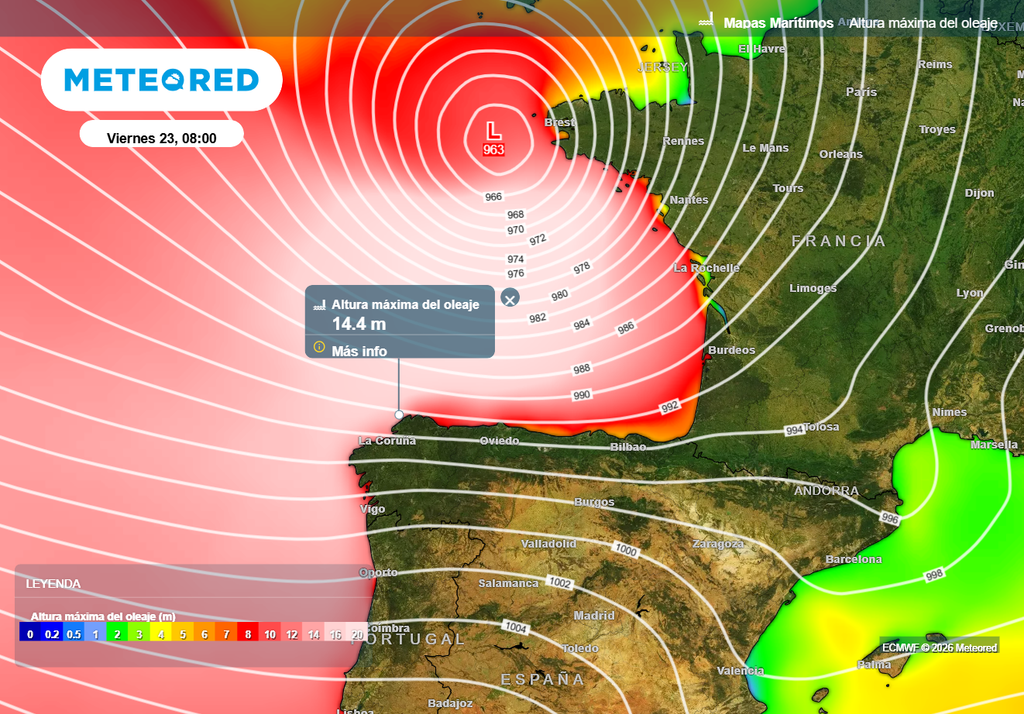 Hoy se iniciará un fuerte temporal marítimo en las costas de Galicia, con especial incidencia en las de Coruña, que se extenderá a todo el Cantábrico los próximos días: algunas olas aisladas superarán los 14 metros.