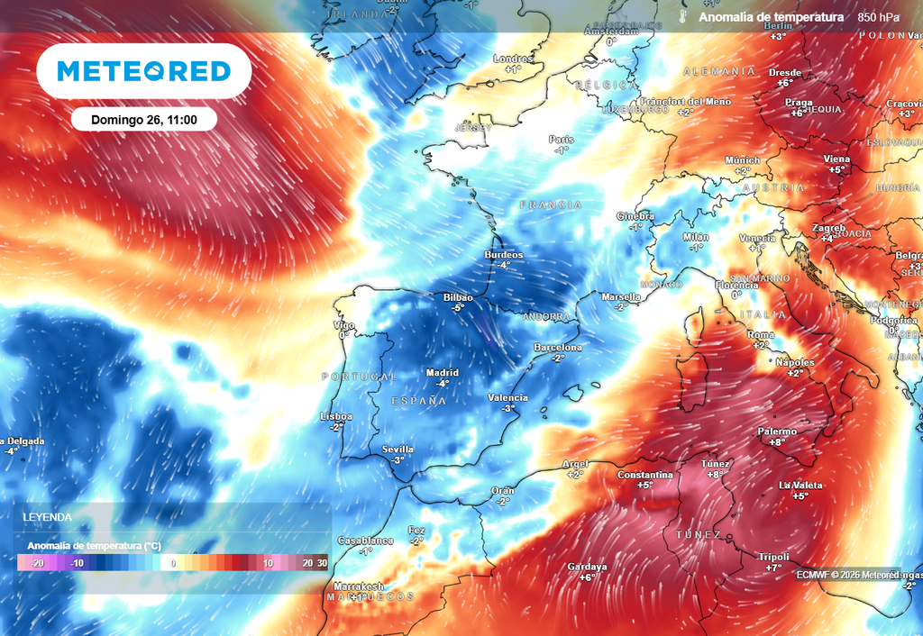 La masa de aire polar que llegará a España el domingo dejará un descenso térmico generalizado y algunas tormentas intensas.