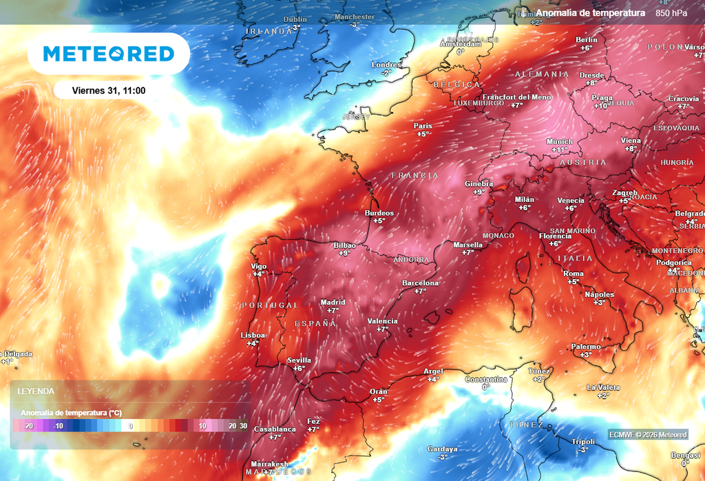 Questo nuovo domo di calore interesserà in pieno la Spagna, estendendosi anche a vaste aree dell'Europa. Nell'immagine, l'anomalia della temperatura prevista a 1.500 metri per il prossimo venerdì.