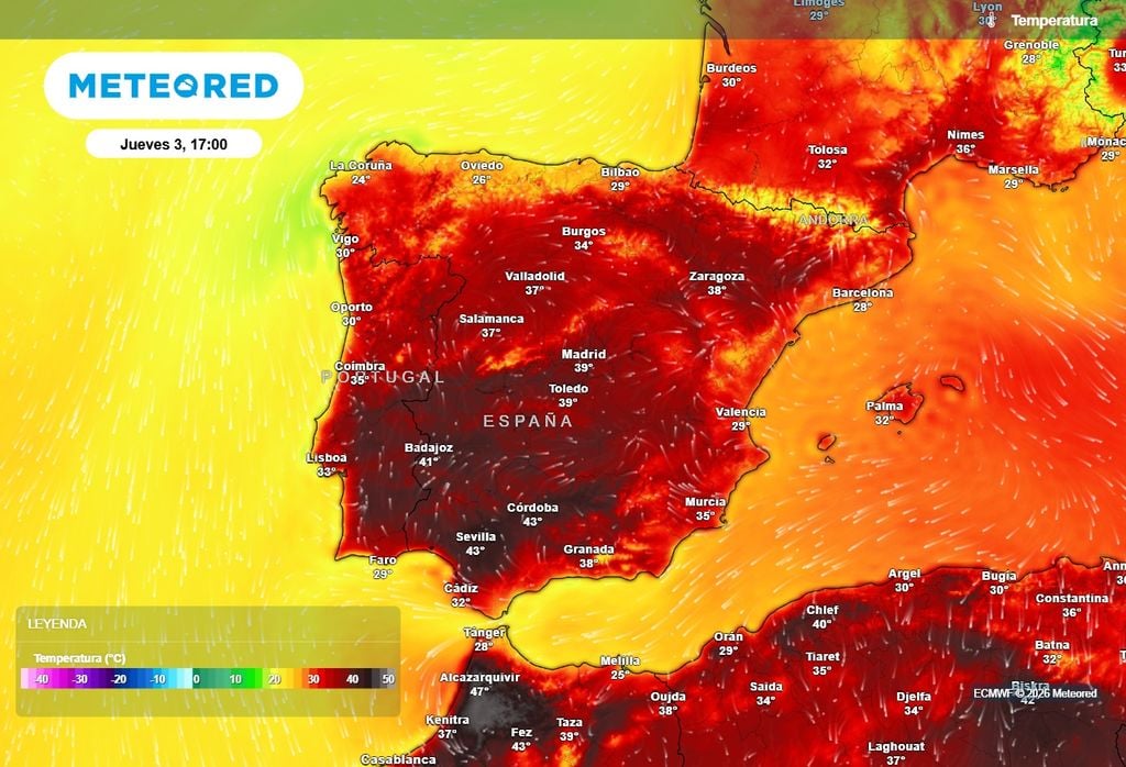 Il modello europeo prevede temperature fino a 43 °C nella valle del Guadalquivir tra giovedì e venerdì.