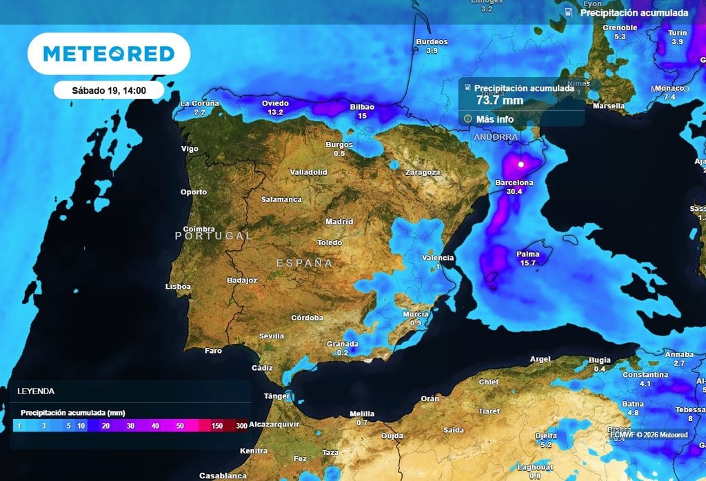 En algunas zonas del este y Baleares los acumulados de lluvia podrían ser importantes, según el modelo europeo.