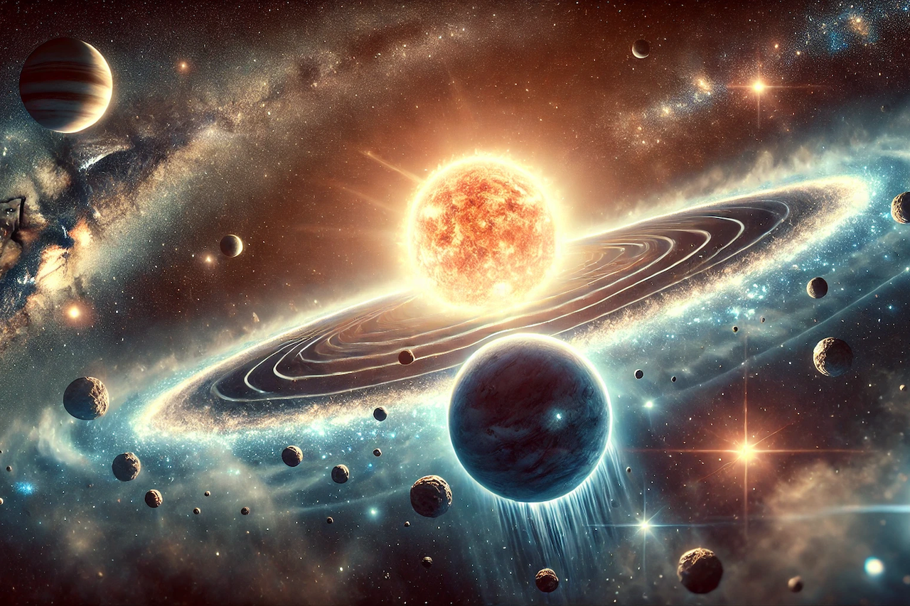 Concepción artística de la zona de interacción gravitacional entre el Sistema Solar y Alfa Centauri. Generada con: Dall-e