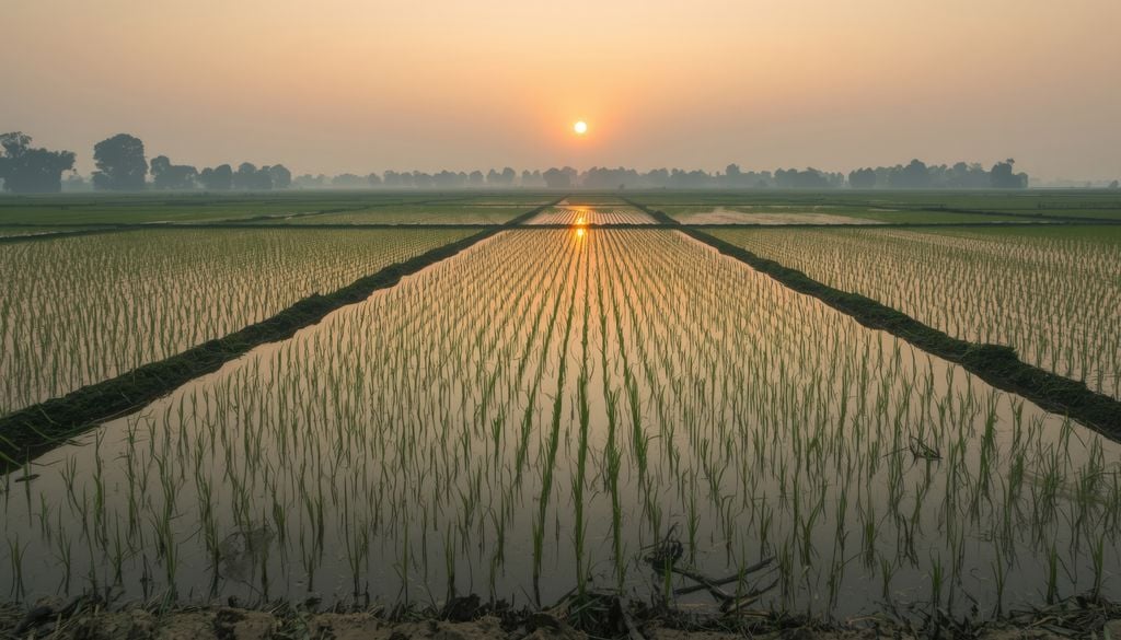 Los cultivos de arroz utilizan un sistema de riego por inundación, creando barreras o diques para mantener el nivel de agua. Precisamente es esa agua lo que favorece que el arroz "escuche" la lluvia caer.