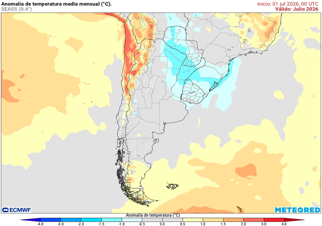 Pronóstico, Clima, Tiempo, Argentina, ECMWF, Julio, Anomalía, Temperatura, Precipitación, Lluvias, Heladas, Frío, Pampeana, Norte, Meteorología Anomalía de temperatura para el mes de julio según nuestro modelo de confianza ECMWF