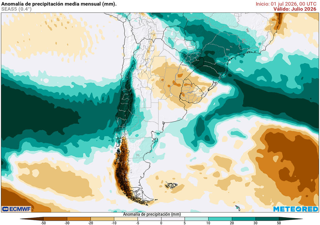 Pronóstico, Clima, Tiempo, Argentina, ECMWF, Julio, Anomalía, Temperatura, Precipitación, Lluvias, Heladas, Frío, Pampeana, Norte, Meteorología Anomalía de precipitaciones para el mes de julio según nuestro modelo de confianza ECMWF