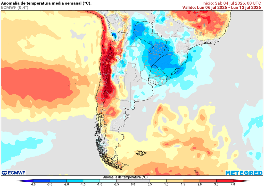 Pronóstico, Clima, Tiempo, Argentina, ECMWF, Ola Polar, Temperatura, Lluvia, Heladas, Frío, Patagonia, Nevadas, Cordillera, Invierno, Precipitaciones, Anomalía Anomalía de temperatura prevista para los próximos 7 días según el modelo ECMWF