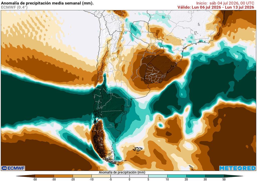 Pronóstico, Clima, Tiempo, Argentina, ECMWF, Ola Polar, Temperatura, Lluvia, Heladas, Frío, Patagonia, Nevadas, Cordillera, Invierno, Precipitaciones, Anomalía Anomalía de precipitaciones prevista para los próximos 7 días según el modelo ECMWF