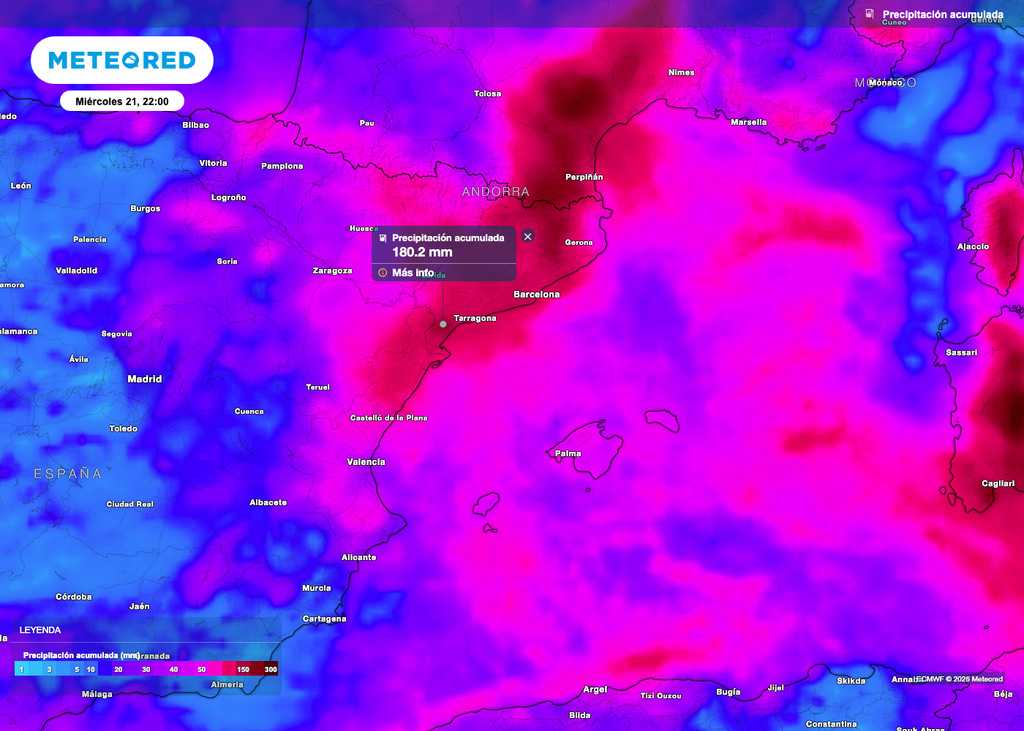 Algunas zonas de Cataluña y de la Comunidad Valenciana podría acumular cerca de 200 l/m2, según el modelo europeo.