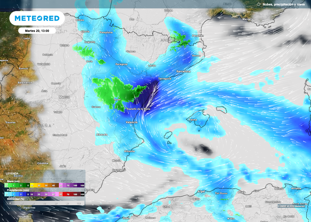 Uno de los momentos álgidos del próximo episodio. Se aprecia la zona de convegencia de vientos que da lugar al frente de precipitaciones intensas.