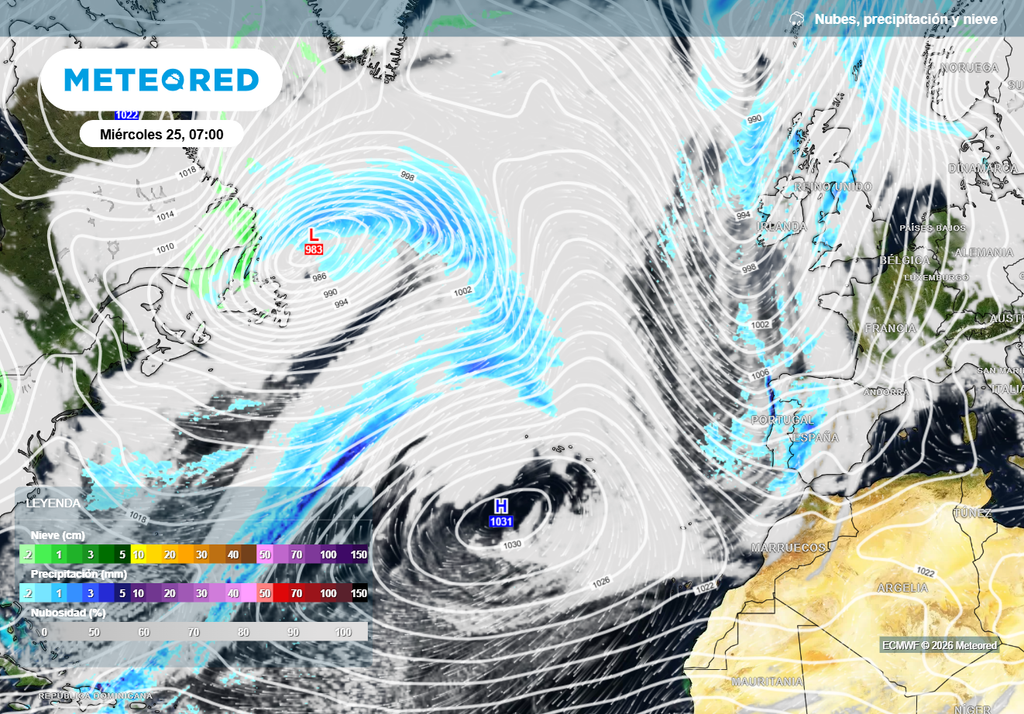 Aunque el anticiclón de las Azores desviará las borrascas, sí permitirá el paso de algún frente débil, como puede observarse en el mapa previsto para mediados de la próxima semana.