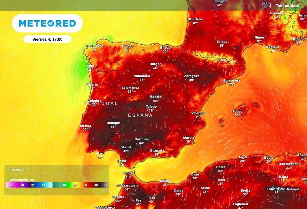 Temperaturas máximas previstas el viernes por el modelo europeo: podrían superarse los 40 ºC en varias capitales de provincia.