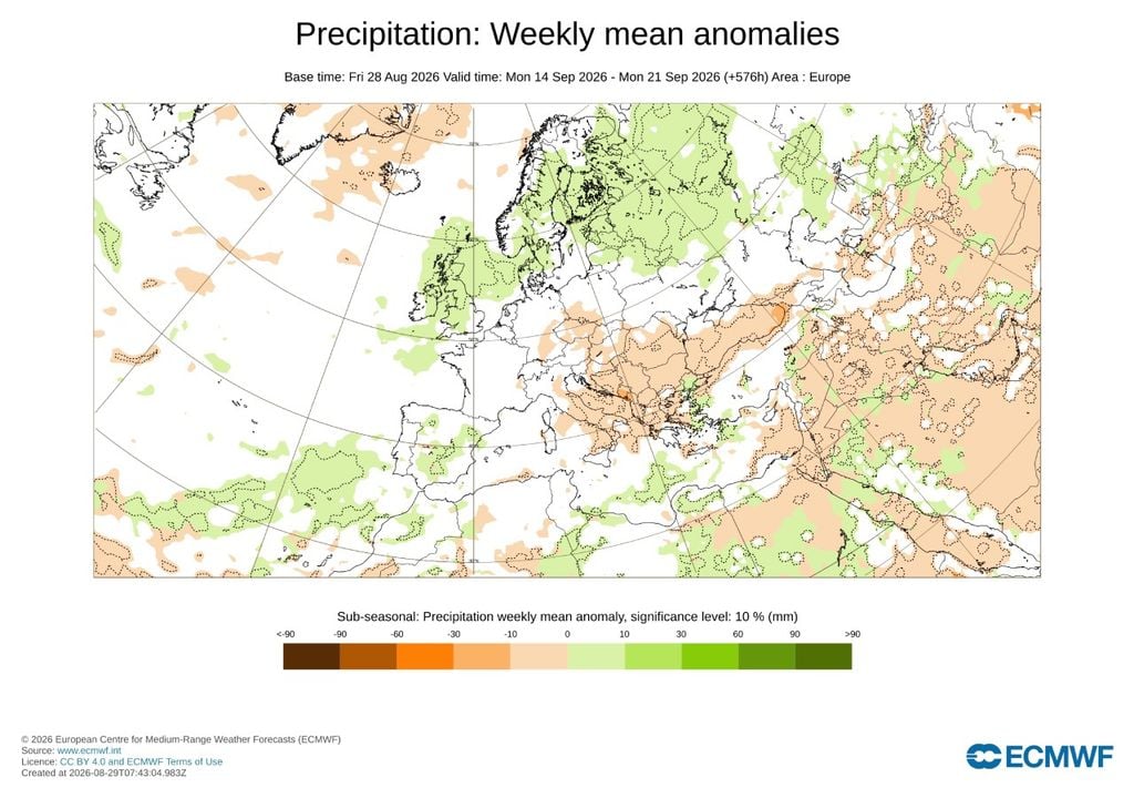 Punto de inflexión en las anomalías de precipitación a partir del 14 de septiembre en España, previstas por el modelo europeo.