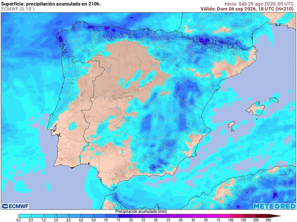 Precipitación acumulada prevista por el modelo europeo hasta el próximo domingo.