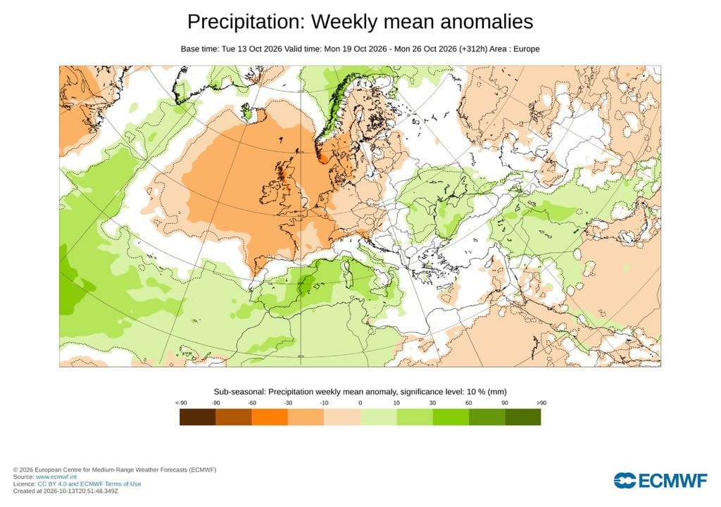 Anomalía semanal de precipitación prevista por el modelo europeo entre el lunes 19 y el 26 de octubre.