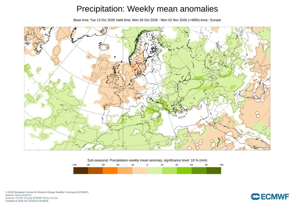 Anomalía semanal de precipitación prevista por el modelo europeo entre el lunes 26 de octubre y el 2 de noviembre.