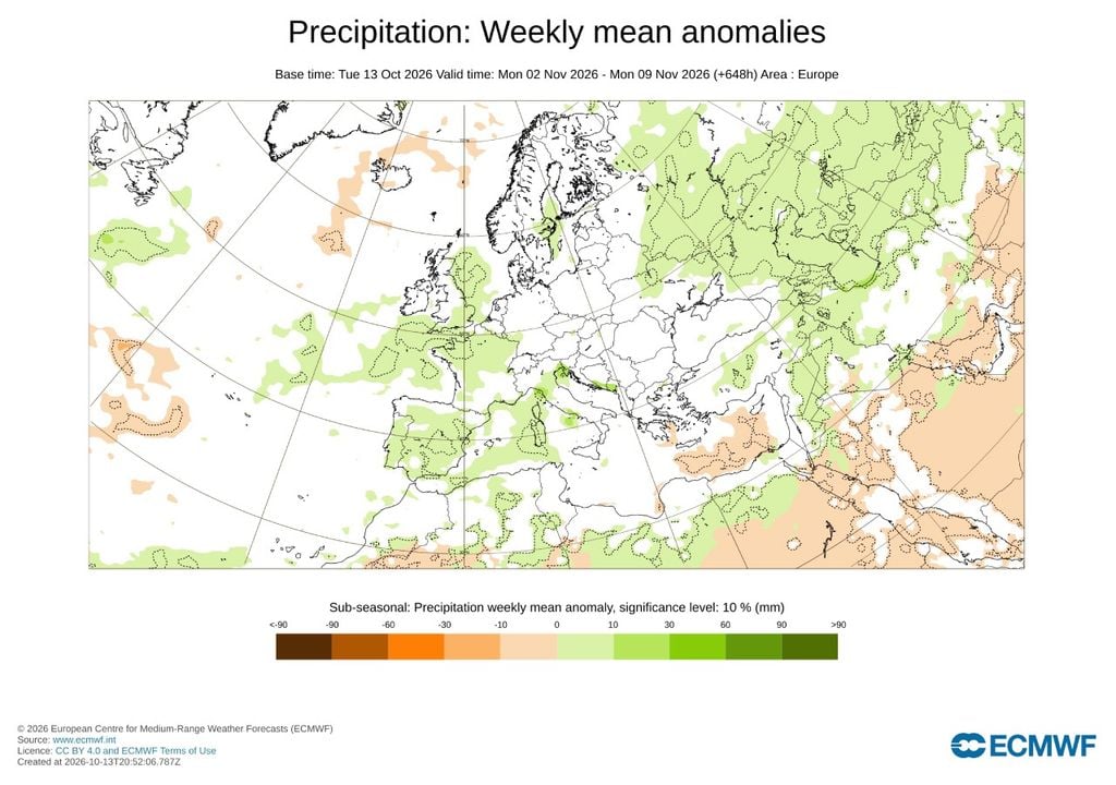 Anomalía semanal de precipitación prevista por el modelo europeo entre el lunes 2 y el 9 de noviembre.