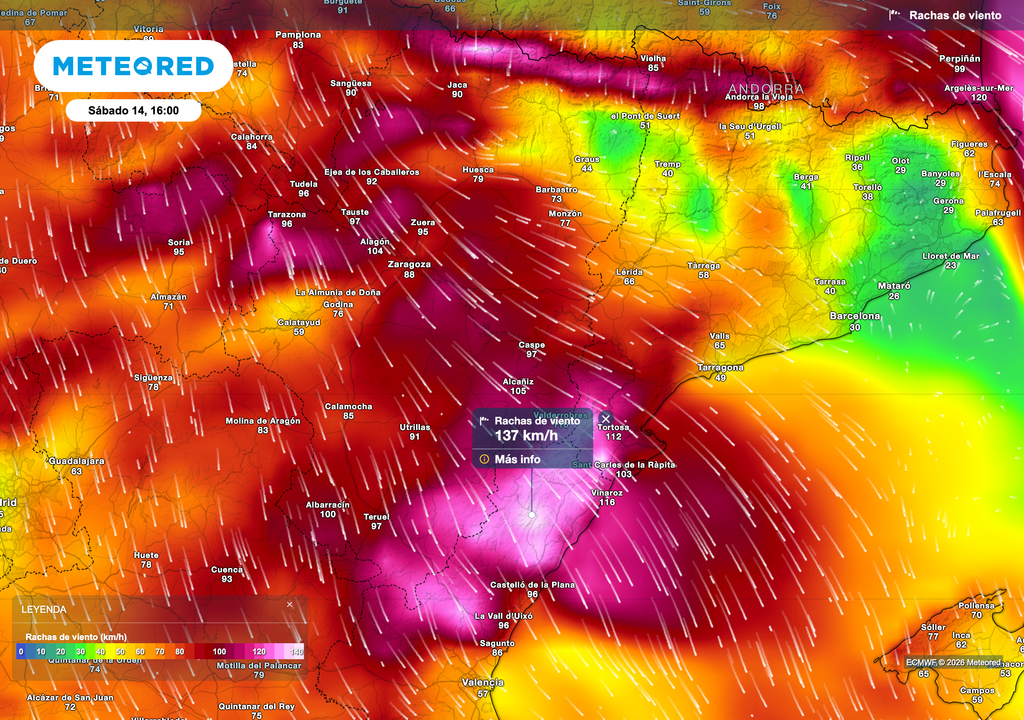 Momento álgido del temporal en todo el valle del Ebro el sábado. Fuente: modelo europeo.