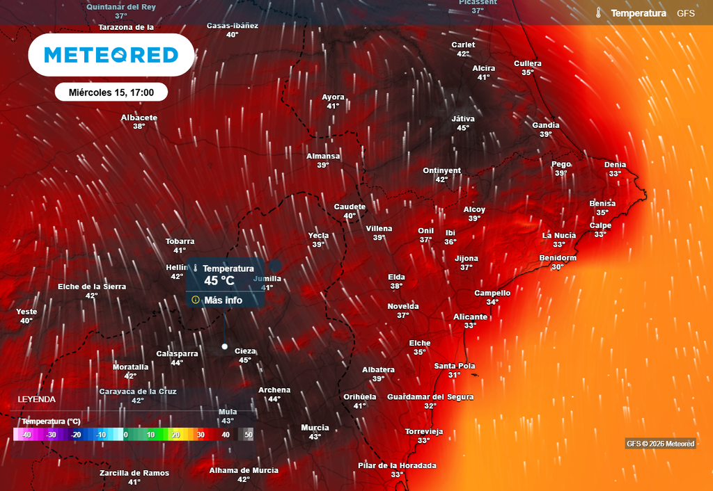 El modelo europeo contempla valores máximos de hasta 45 ºC en puntos de Valencia y la Región de Murcia durante la jornada de mañana.