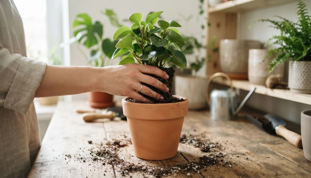 Durante el cambio de maceta conviene conservar la planta a una profundidad similar a la original y manipular las raíces con cuidado.