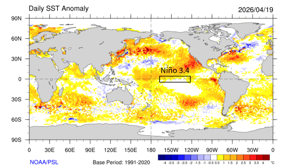 Anomalia diária de TSM observada em 19 de abril de 2026, destacando a região Niño 3.4, onde o fenômeno é monitorado. Créditos: Elaborada por Meteored/Fonte: NOAA/PSL.