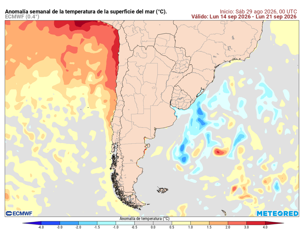 Anomalías positivas de temperatura superficial del mar frente a gran parte de la costa de Chile durante la semana del 14 al 21 de septiembre.