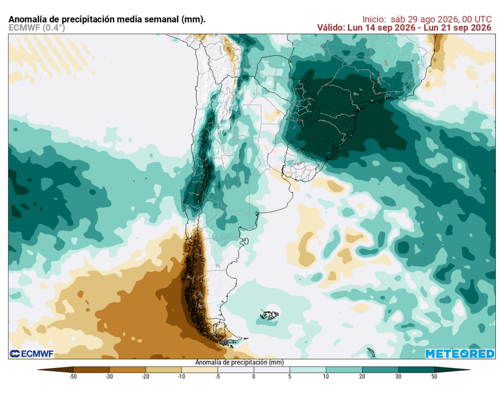 Precipitaciones sobre lo normal en gran parte del centro y centro-sur de Chile durante la semana de Fiestas Patrias, mientras que la Patagonia austral aparece con una señal más seca.