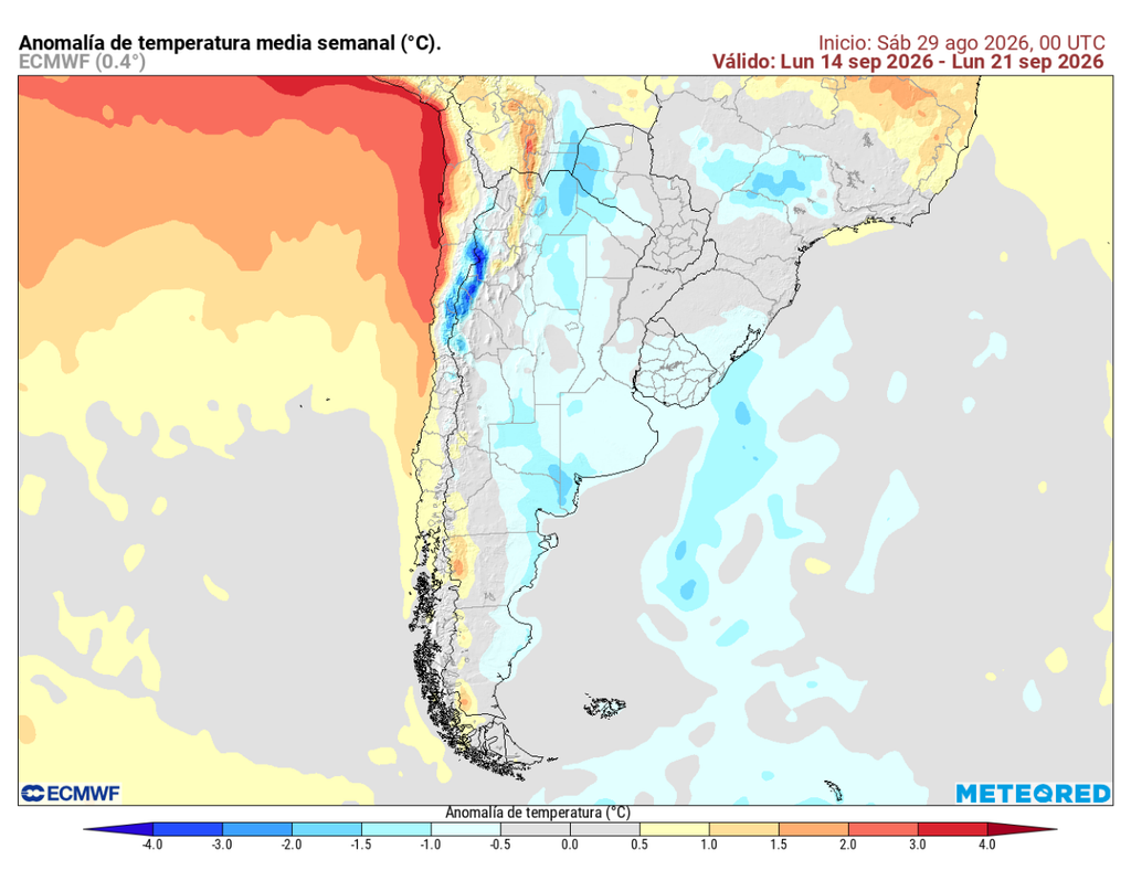 Temperaturas bajo lo normal en sectores interiores y cordilleranos del centro de Chile durante la semana del 14 al 21 de septiembre, mientras que hacia el norte, centro y sur costero predominan anomalías cálidas.