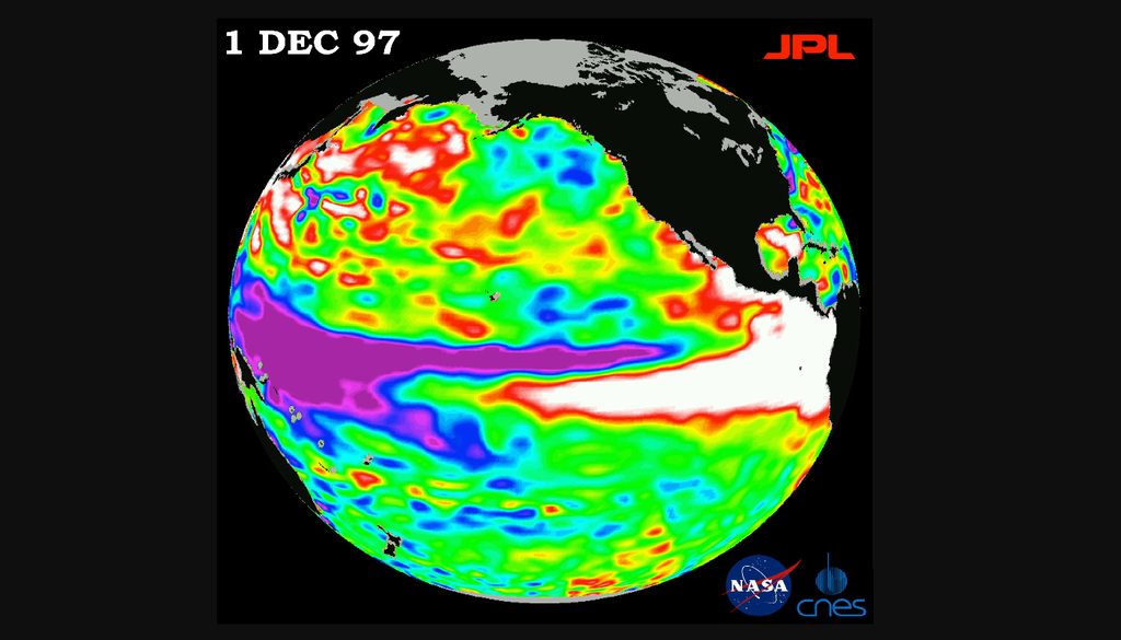 Questa mappa si riferisce ad un evento El Nino del 1997. E' una mappa altimetrica dove il colore bianco in direzione della costa dell'America Latina indica un'anomalia nel livello del mare superiore ai 35 cm, anomalia che ben mappa anche quella di calore, e il porpora un'anomalia inversa in direzione della costa orientale (Australia e Indonesia).