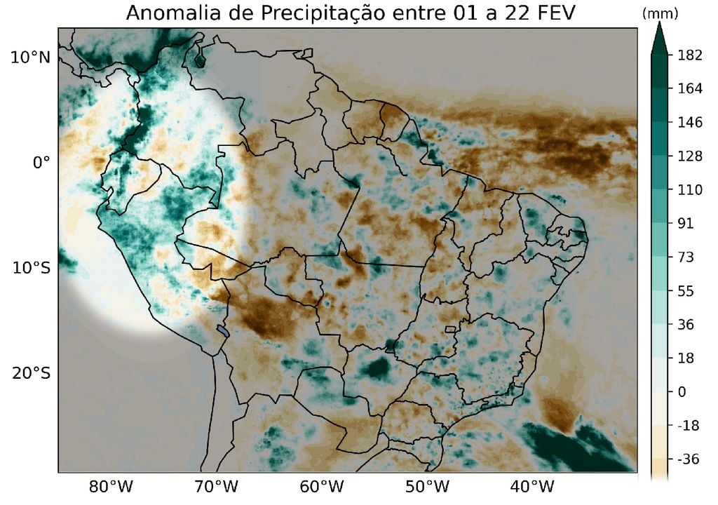 Mapa de anomalias de precipitação entre os dias 1 e 22 de Fevereiro de 2026 (MERGE, do INPE/CPTEC) mostra a ocorrência de chuvas acima da média na costa oeste da América do Sul.