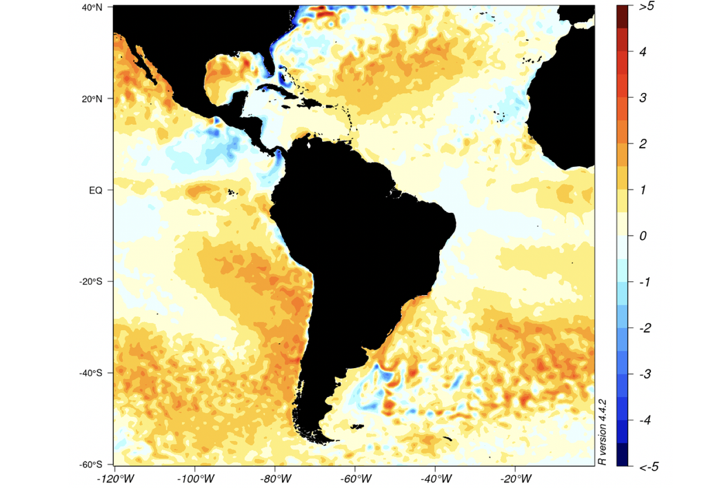 Anomalías de temperatura superficial del mar para la semana del 8 al 14 de febrero. Fuente: CIIFEN.