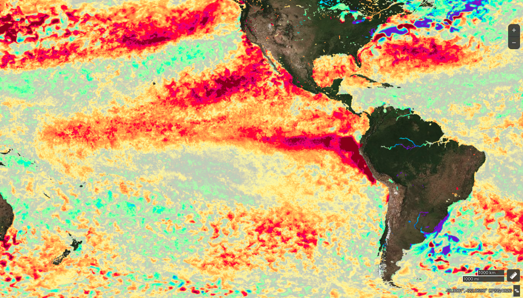 Anomalias diárias de temperatura da superfície do mar mais recentes (23 de maio de 2026), com destaque para o aquecimento no Pacífico. Créditos: NASA Worldview. Anomalias diárias de temperatura da superfície do mar mais recentes (23 de maio de 2026), com destaque para o aquecimento no Pacífico. Créditos: NASA Worldview.