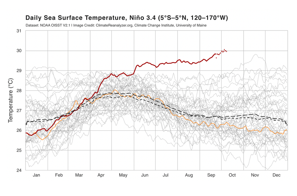 Evolución de las SSTs Evolución diaria de la temperatura superficial del mar en 2026 (rojo) comparada con otros años. Fuente: Climate Reanalyzer. Datos: NOAA OISST.