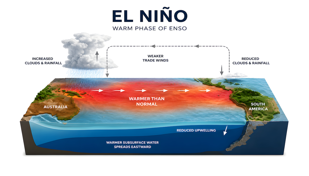 El Niño im Pazifik: Schwächere Passatwinde lassen warmes Oberflächenwasser weiter nach Osten vordringen. Gleichzeitig steigt weniger kaltes Tiefenwasser auf – mit Folgen für Regen und Trockenheit weltweit.