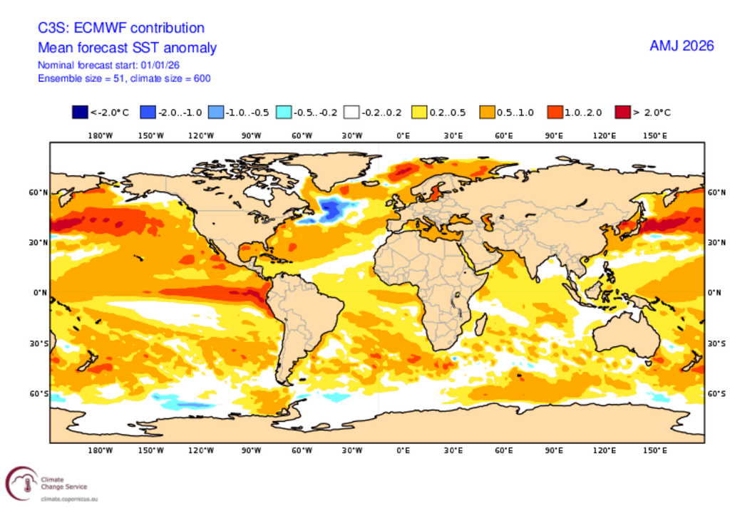 Previsão climática do modelo ECMWF para abril-maio-junho indicando predomínio de águas quentes no Oceano Pacífico, com anomalias entre 0,5°C e 2°C acima da média.